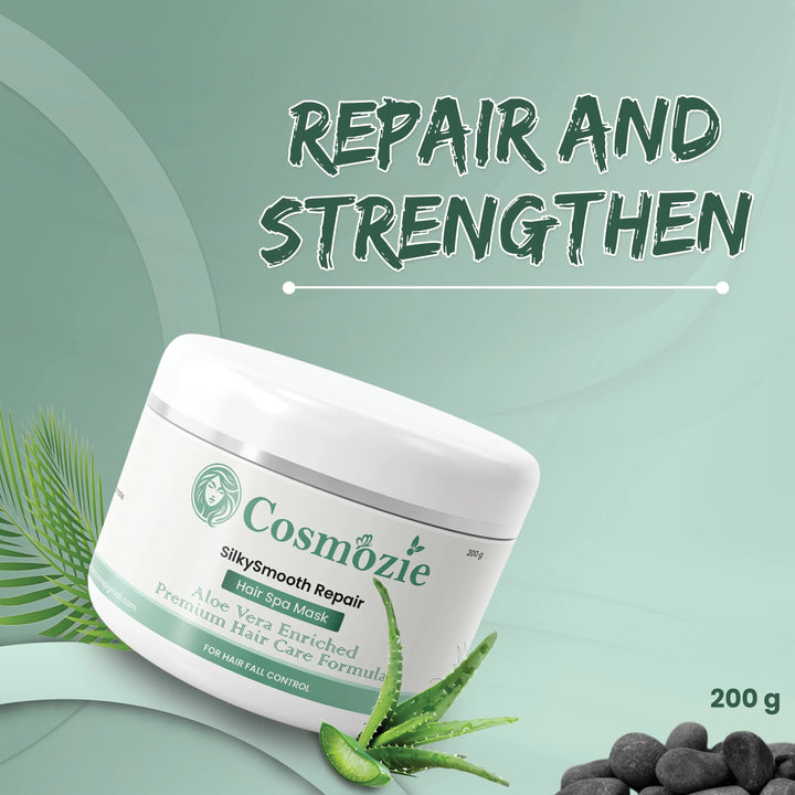 Cosmozie hair mask jar with aloe vera leaves on a green background