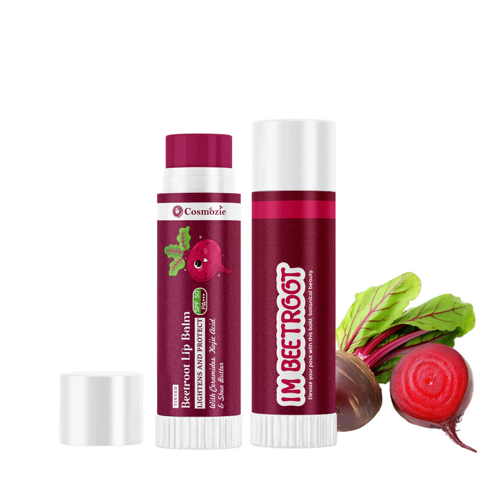 Two lip balm tubes with beetroot design on a pink background, featuring the brand 'Cosmozie'.
