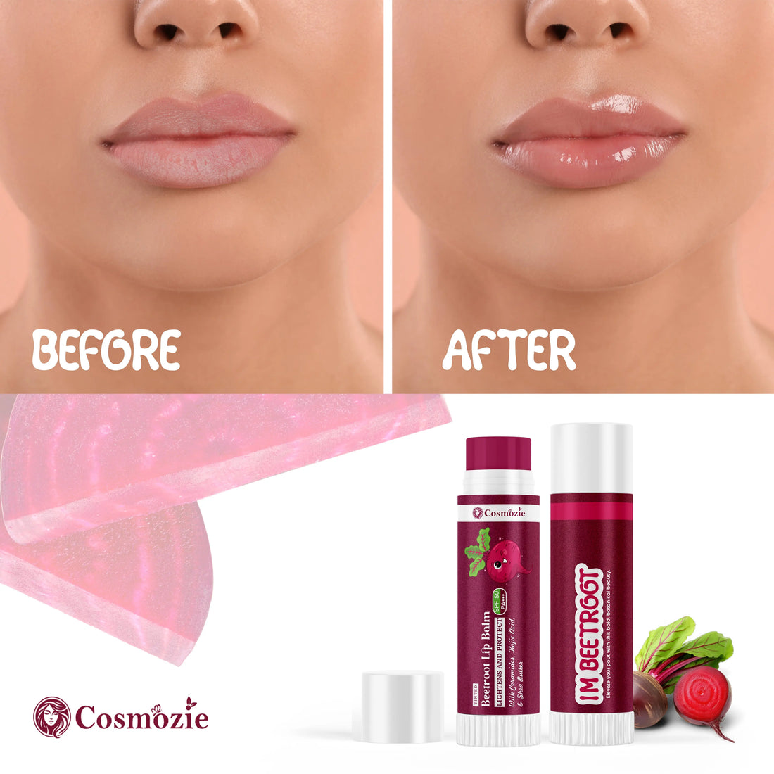 Cosmoozie beetroot lip balm before and after comparison on lips with product packaging displayed.