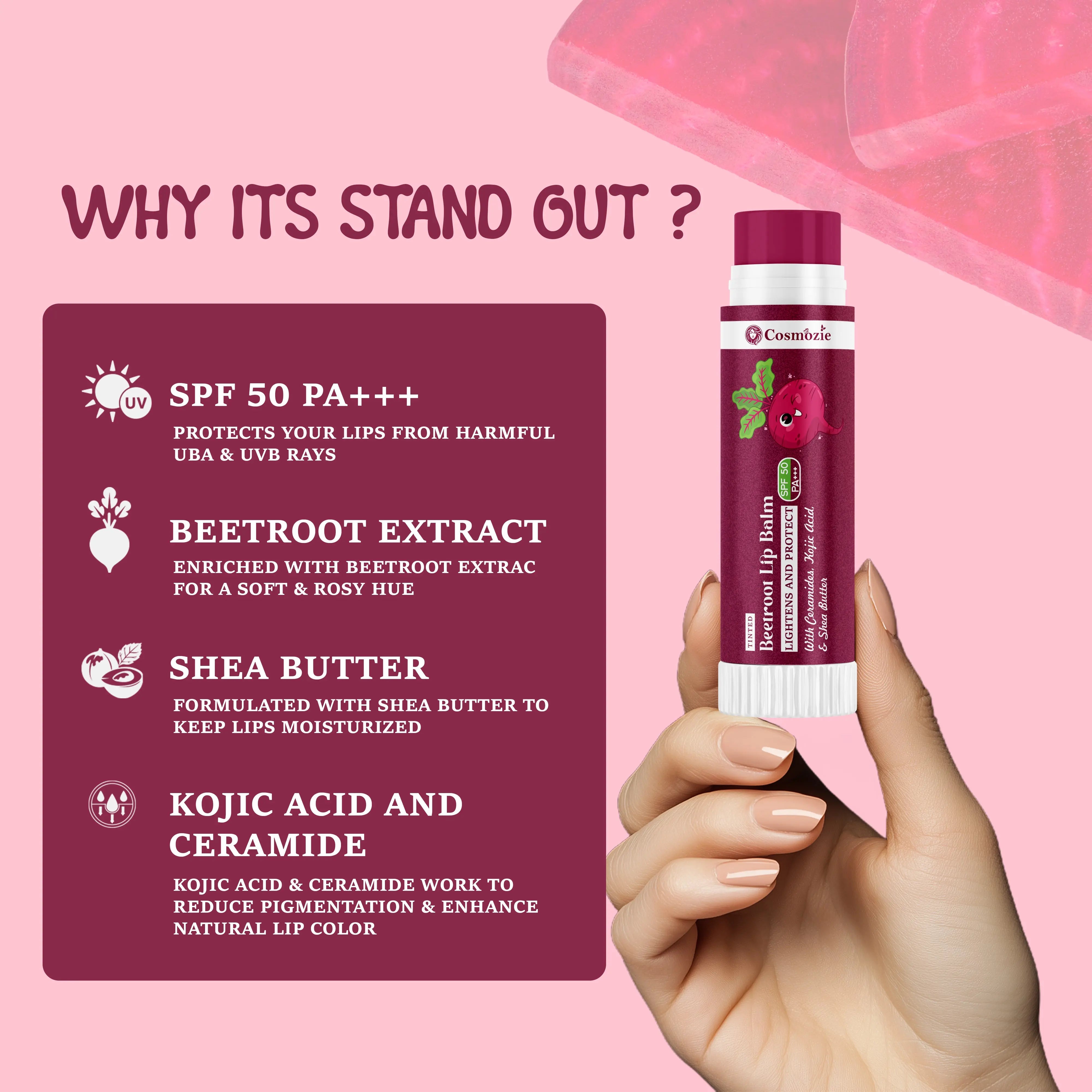 Cosmetic lip balm with beetroot extract on a pink background