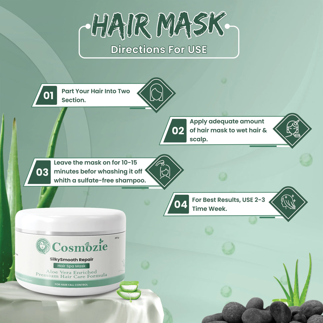Cosmoozie hair mask with usage instructions on a green background