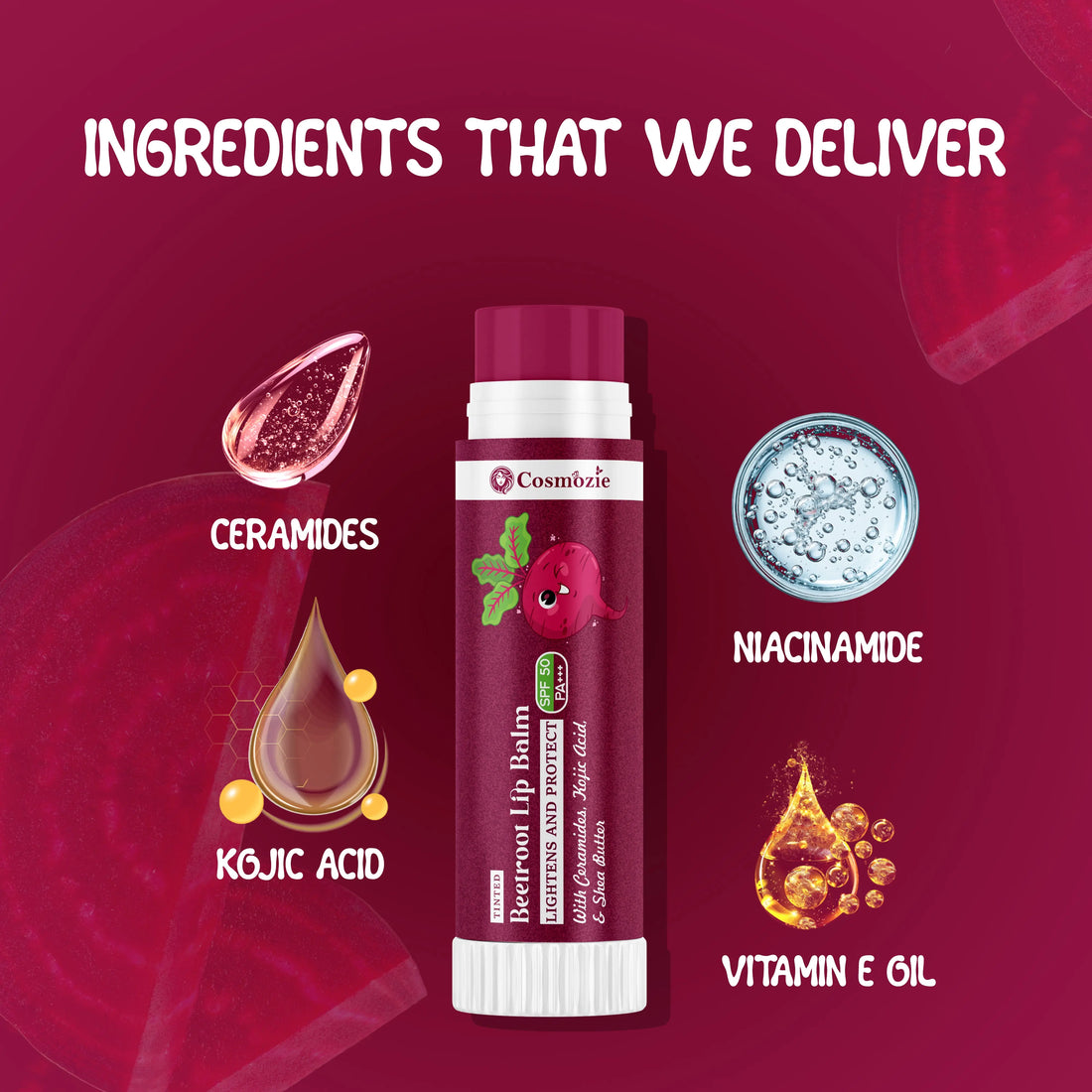Cosmetic product with ingredients listed on a red background