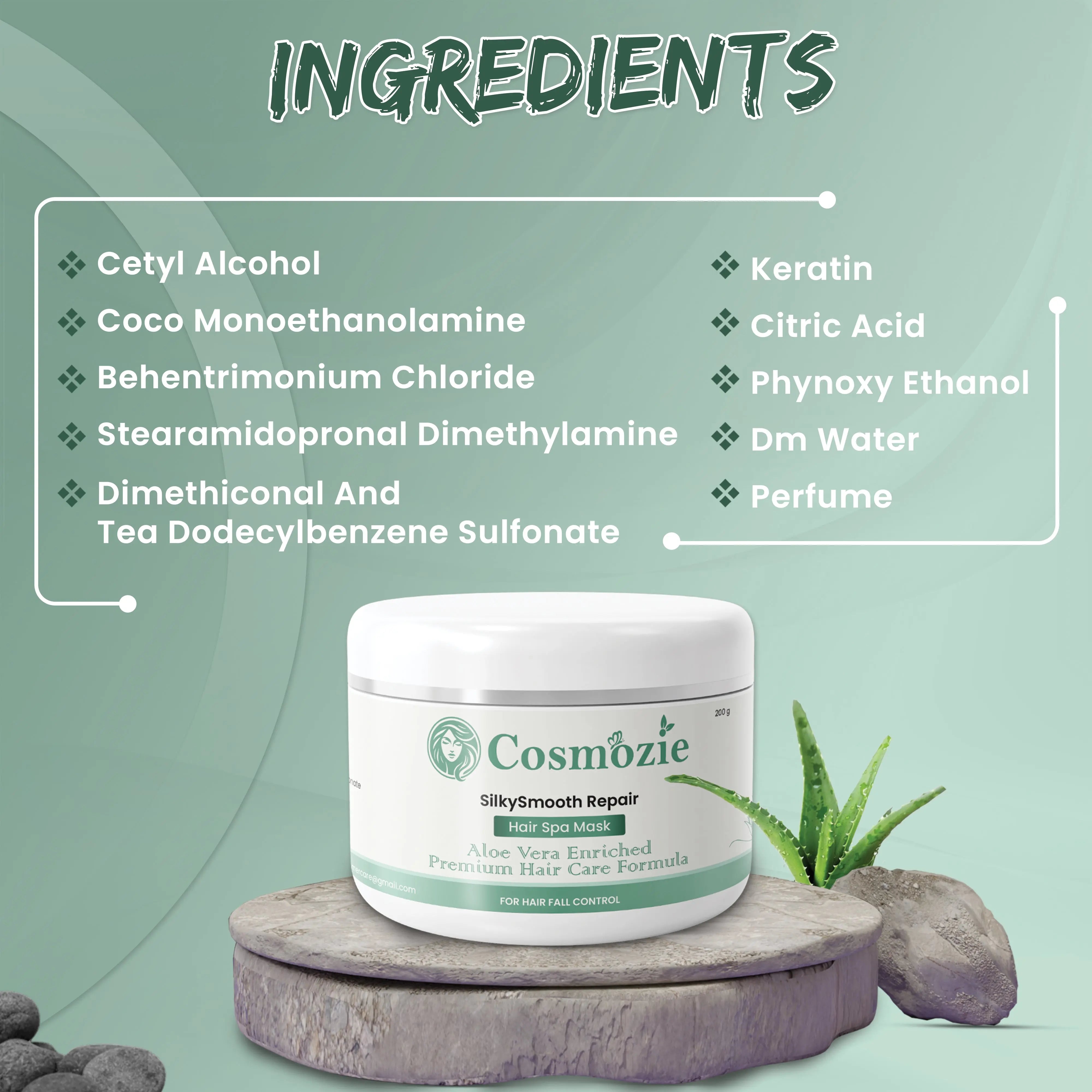 Cosmetic jar with 'Cosmobzie' branding on a green background with ingredient list.