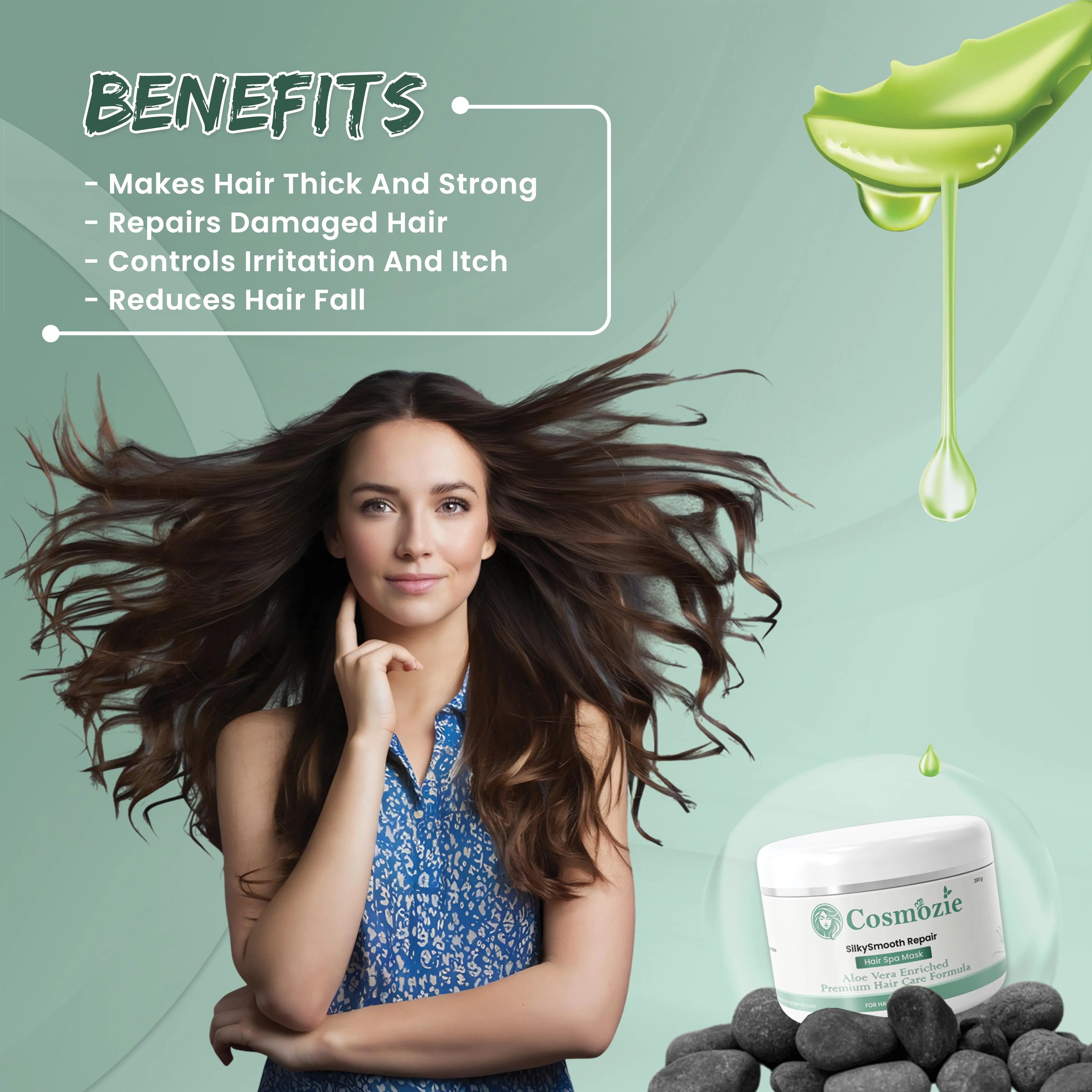 Woman with long hair next to aCosmofit product container on a green background