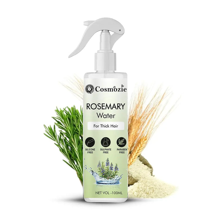 Cosmozie Rosemary Water spray bottle for thick hair with herbs on a white background