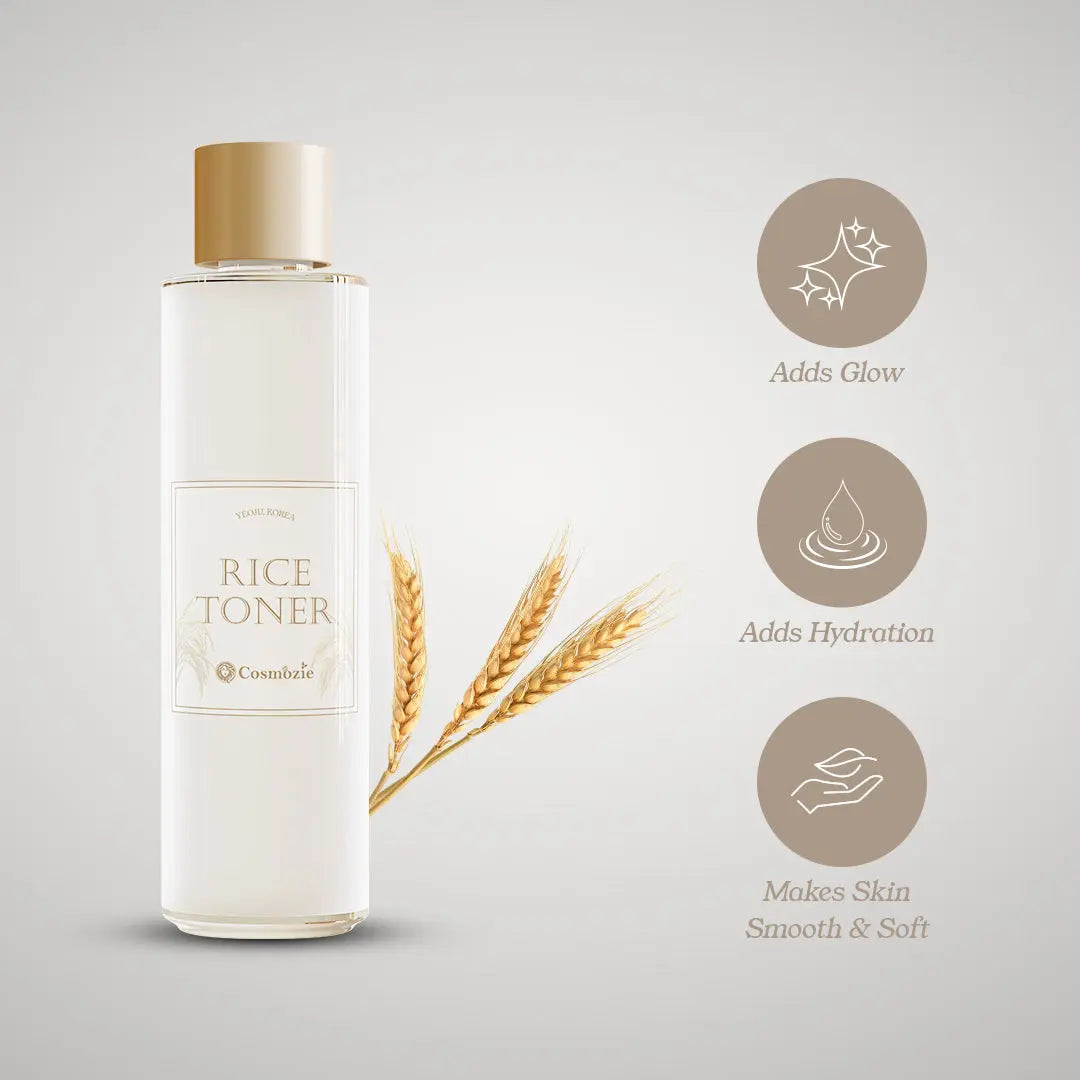 Rice toner bottle with wheat design and benefits on a light gray background