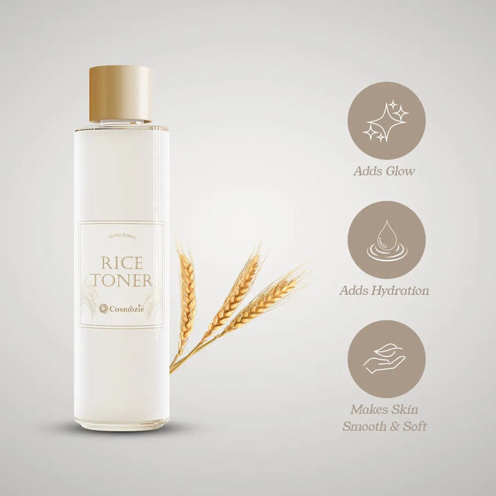 Rice toner bottle with wheat design and benefits on a light gray background