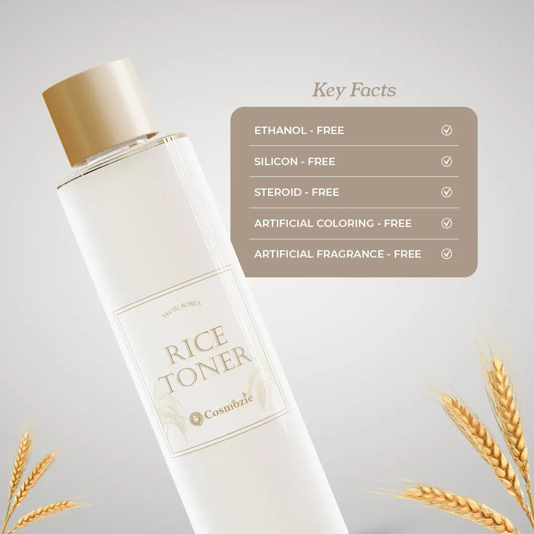 Rice toner bottle with key facts on a light gray background