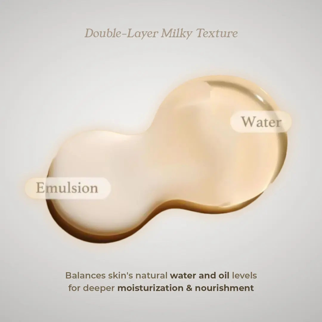 Illustration of a double-layer milky texture with water and emulsion labels on a gray background.