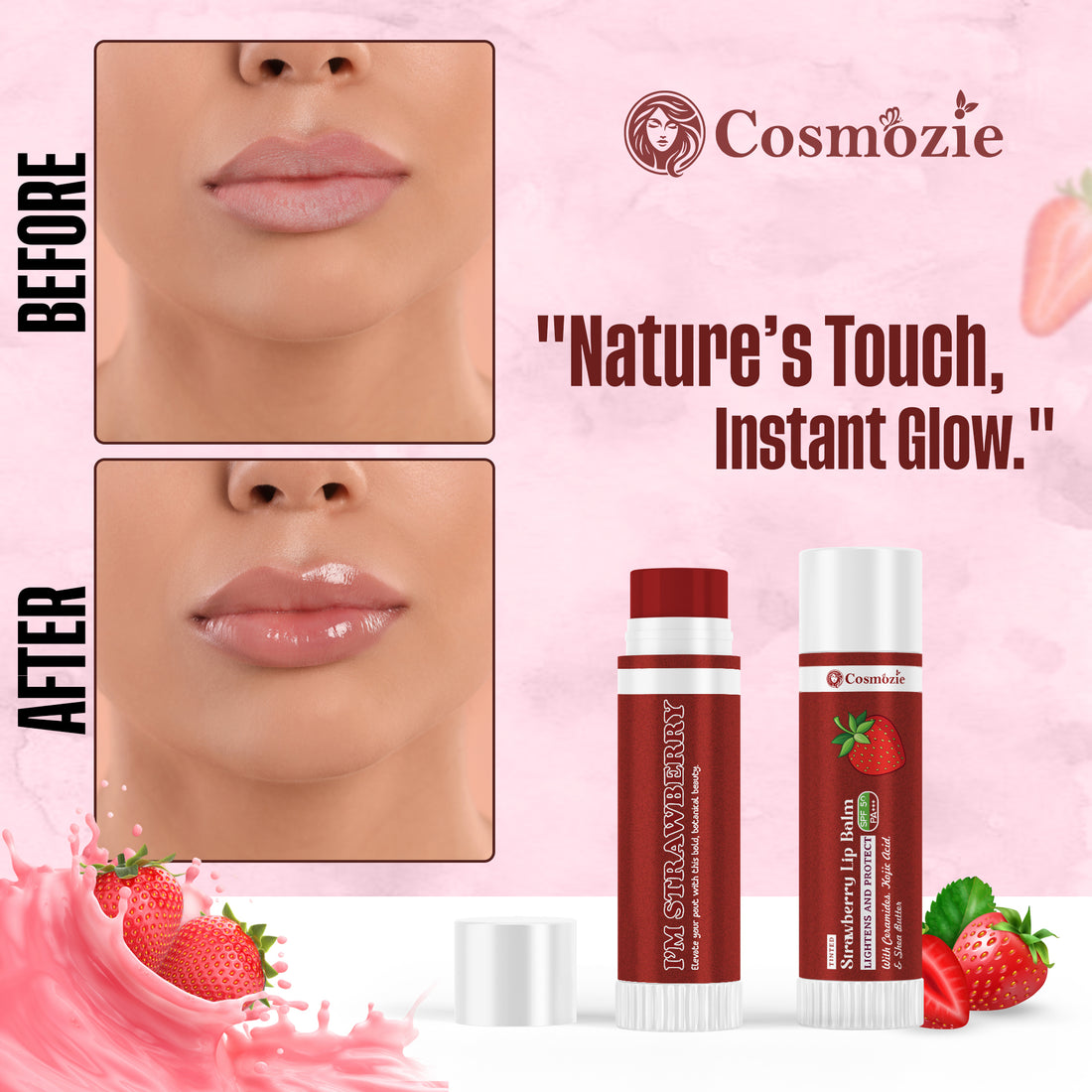 Cosmozie Strawberry Lip Balm SPF 50 PA++++ | Tinted | Brightening & Deep Moisturizing
