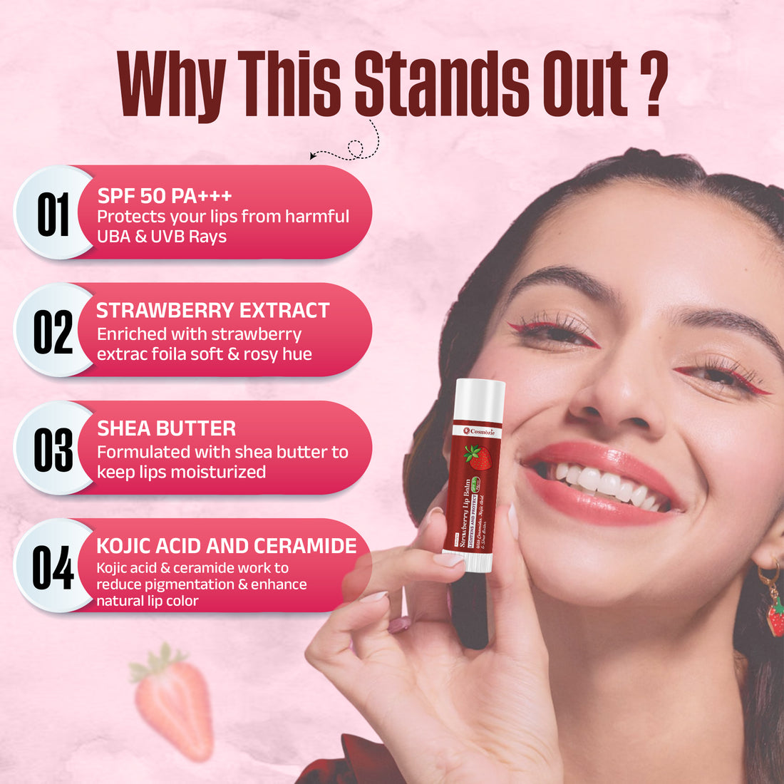 Cosmozie Strawberry Lip Balm SPF 50 PA++++ | Tinted | Brightening & Deep Moisturizing