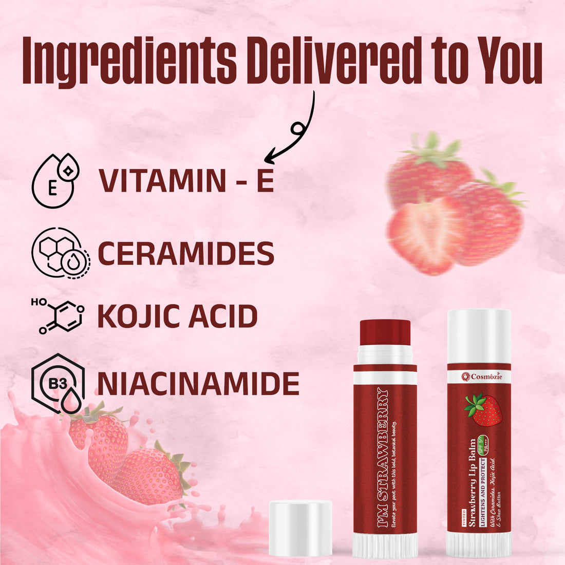 Cosmozie Strawberry Lip Balm SPF 50 PA++++ | Tinted | Brightening & Deep Moisturizing