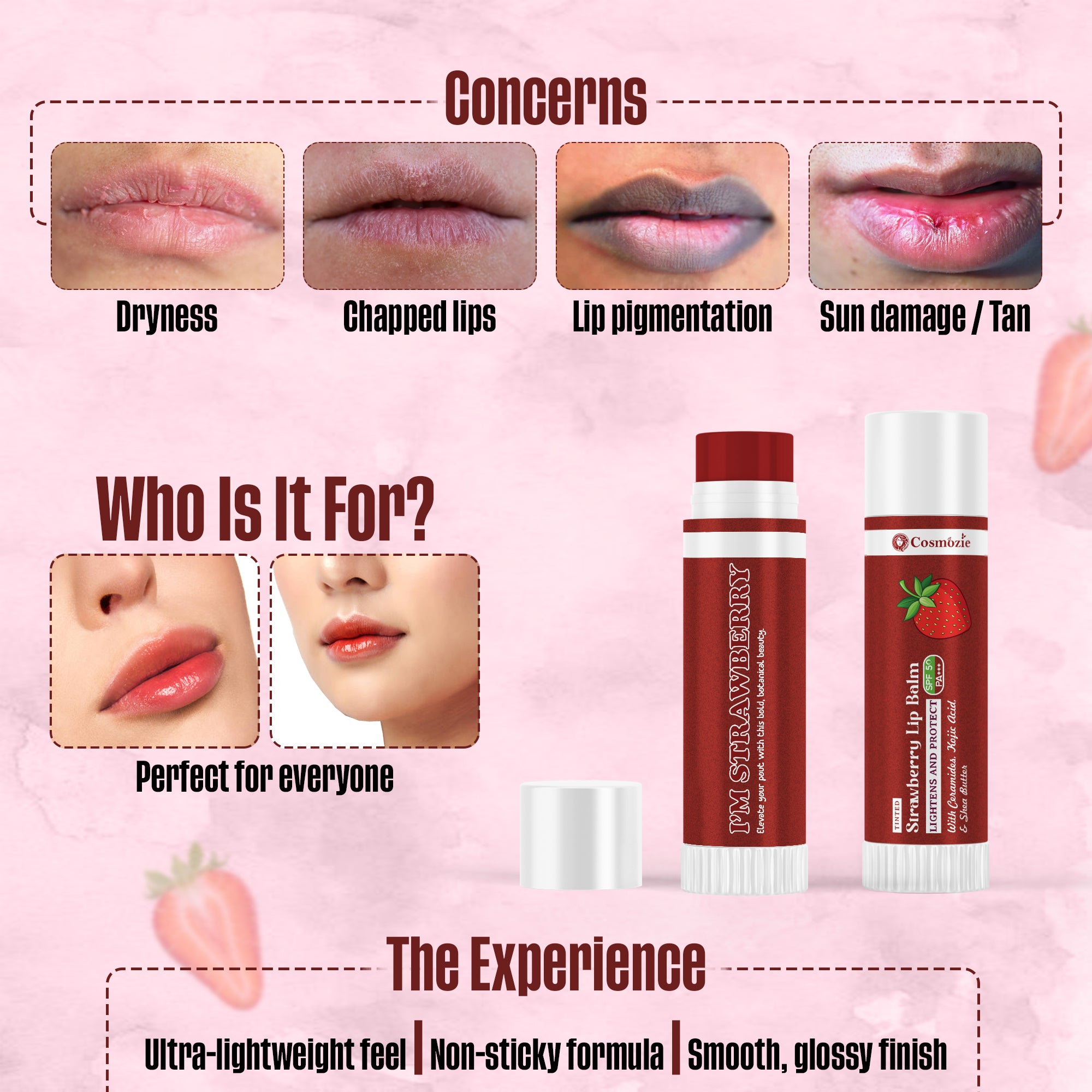Cosmozie Strawberry Lip Balm SPF 50 PA++++ | Tinted | Brightening & Deep Moisturizing