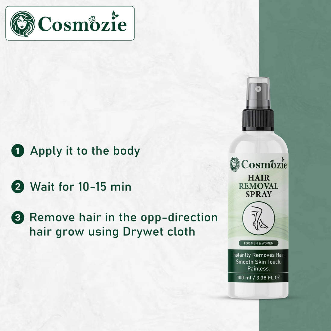 Cosmozie Hair Removal Spray Cream | Painless Hair Removal for Sensitive Skin | Smooth & Soft Skin in Minutes Cosmozie