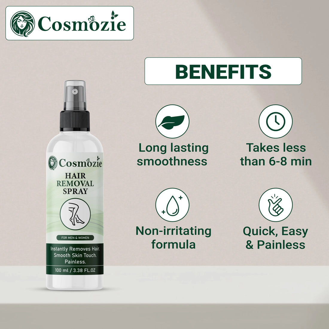 Cosmozie Hair Removal Spray Cream | Painless Hair Removal for Sensitive Skin | Smooth & Soft Skin in Minutes Cosmozie