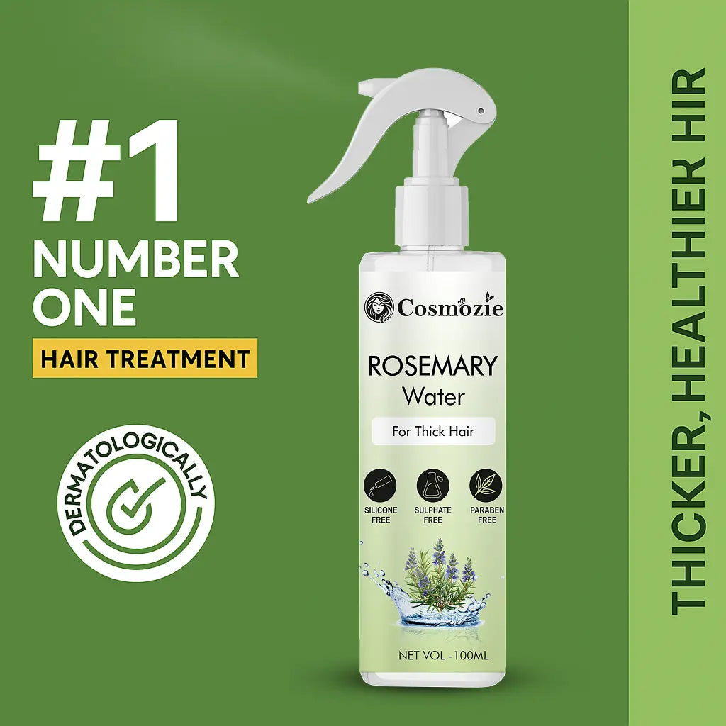 Cosmozie Rosemary Water hair treatment spray bottle on a green background with text highlighting benefits.