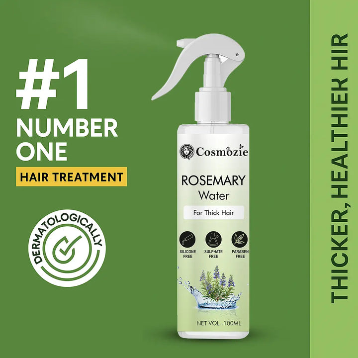 Cosmozie Rosemary Water hair treatment spray bottle on a green background with text highlighting benefits.