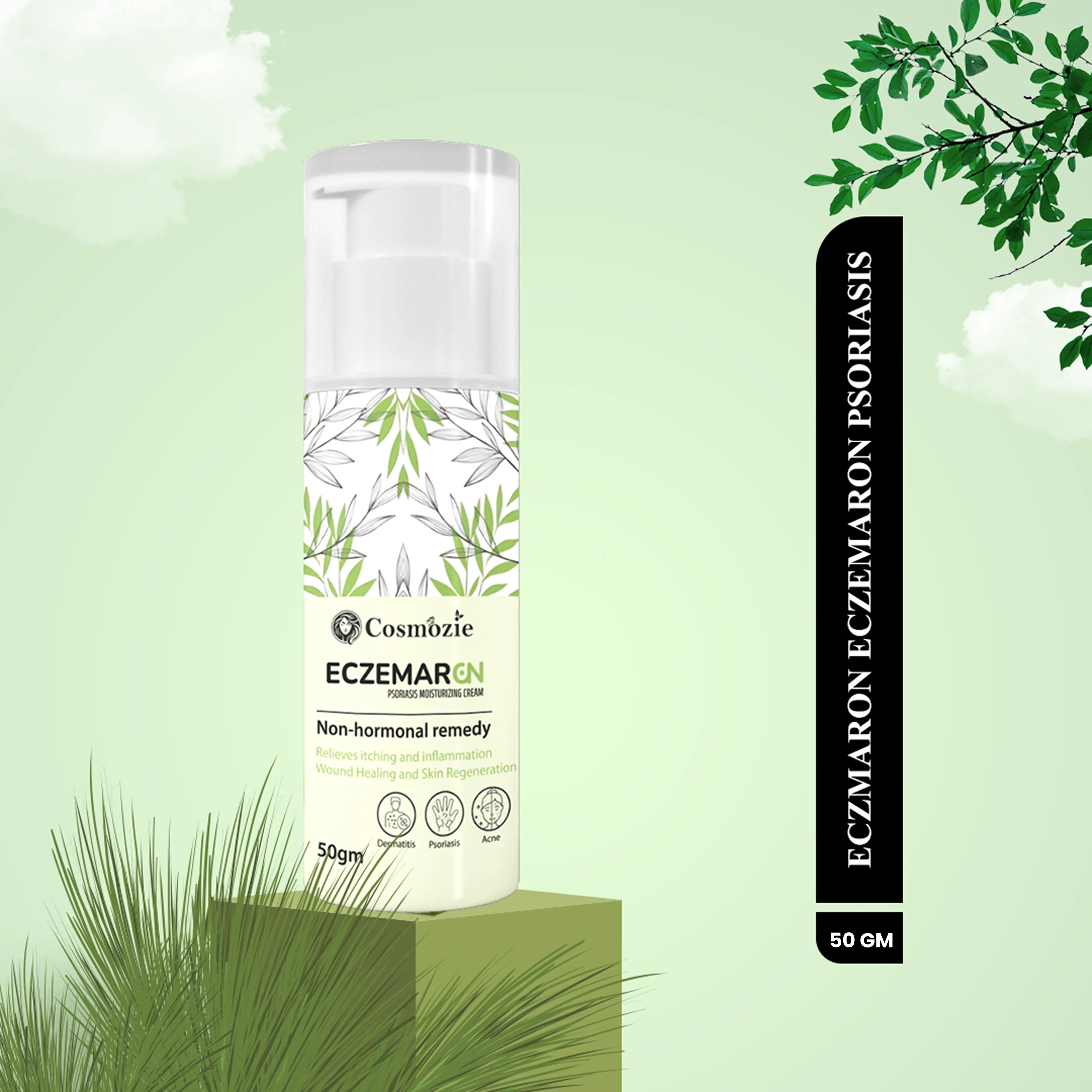 Cosmozie Eczemaar GN bottle on a green background with plants