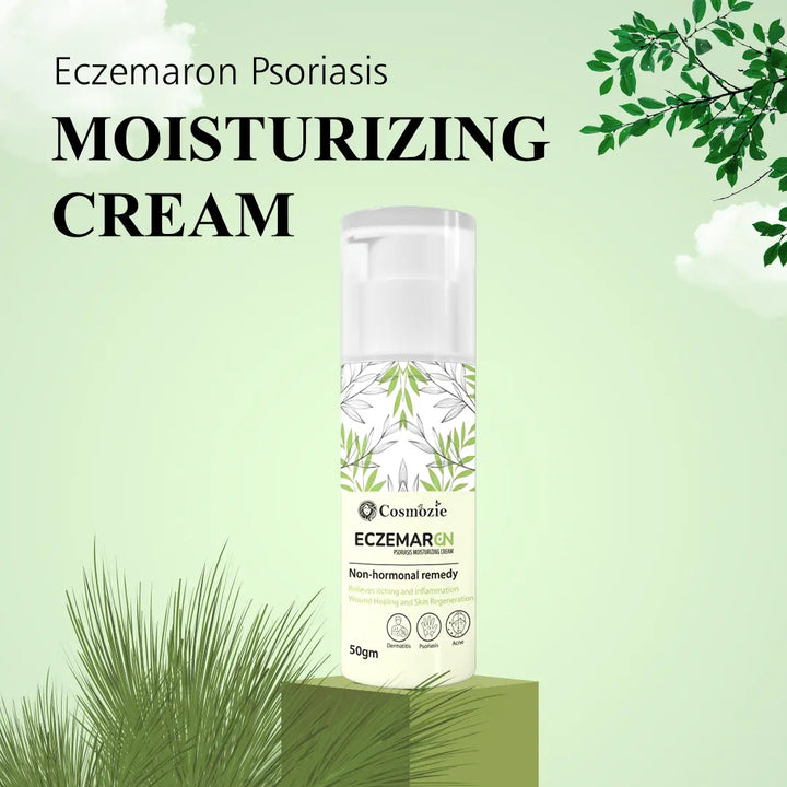 Cosmologie Eczemaron Psoriasis Moisturizing Cream bottle on a green background with plant elements.