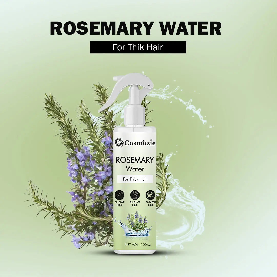 Cosmoozie Rosemary Water bottle for thick hair with rosemary sprigs and water splash on a light green background