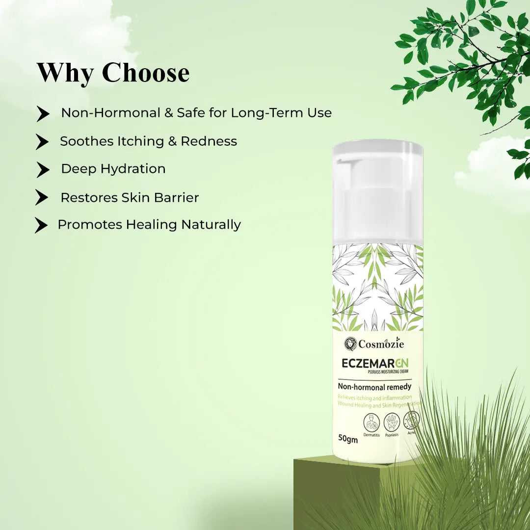 Cosnizoe EczemaEN cream bottle with greenery on a light green background