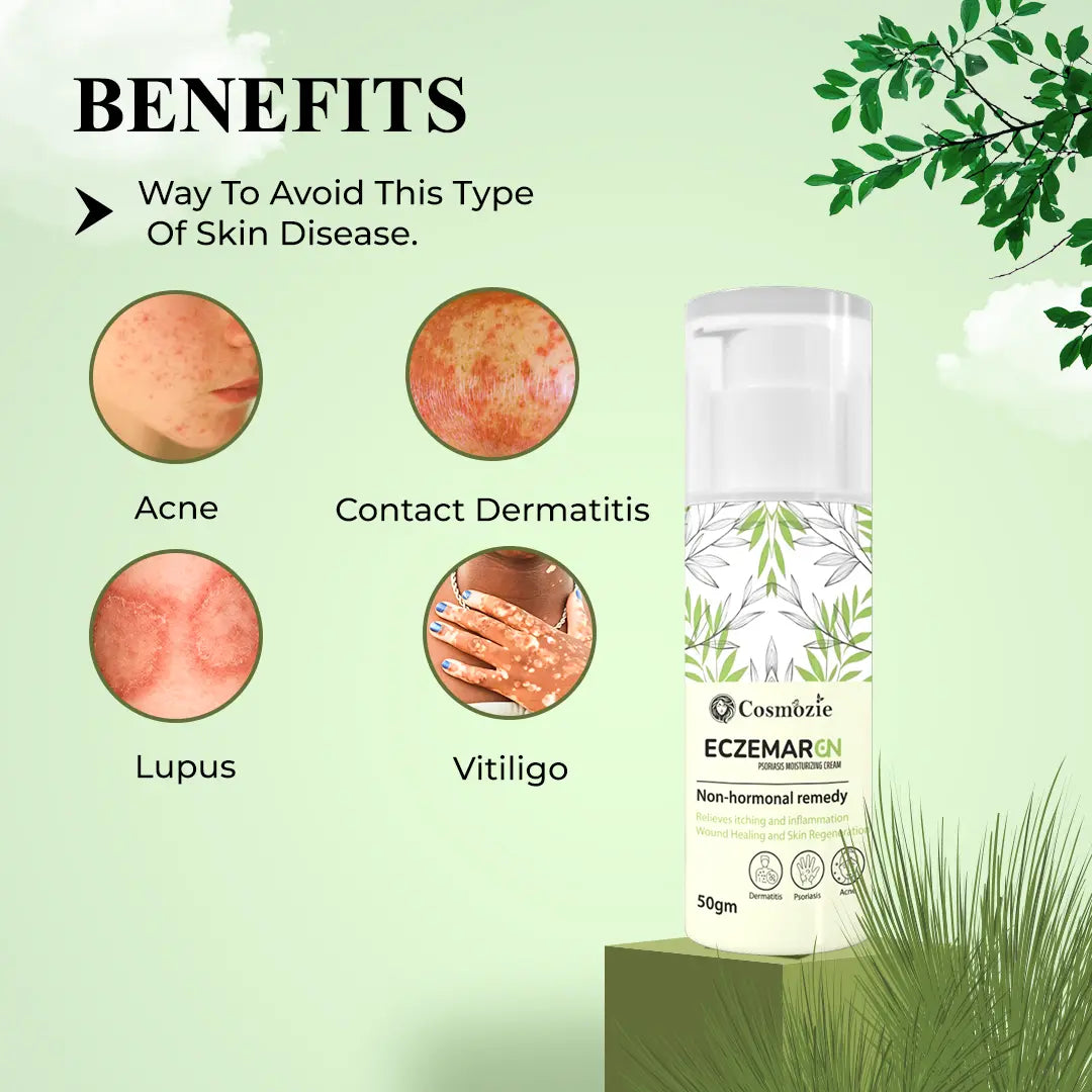 Cosmozoe Eczemaren cream bottle with skin condition illustrations on a green background
