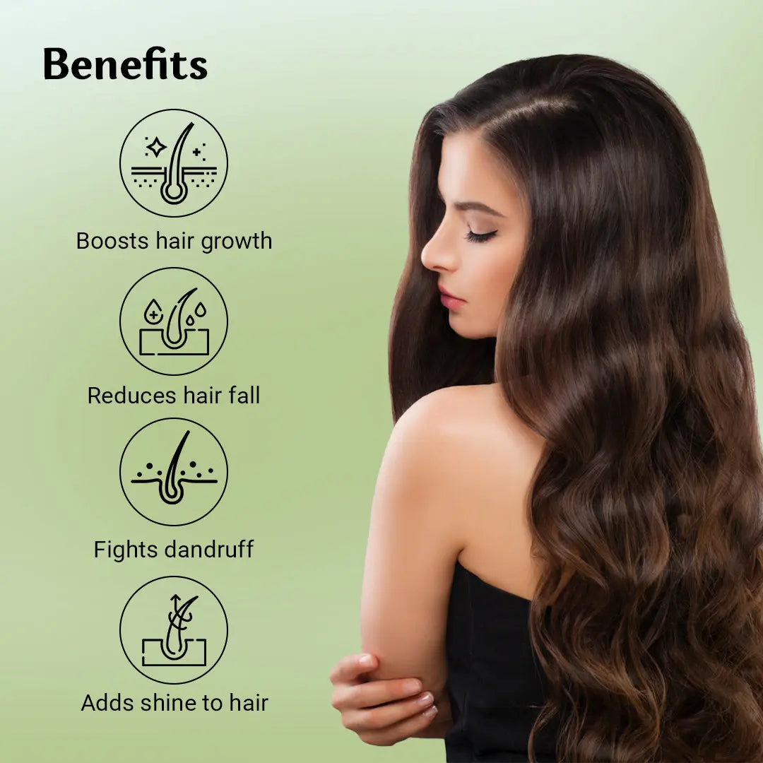 Woman with long, healthy hair against a green background with hair care benefits listed.
