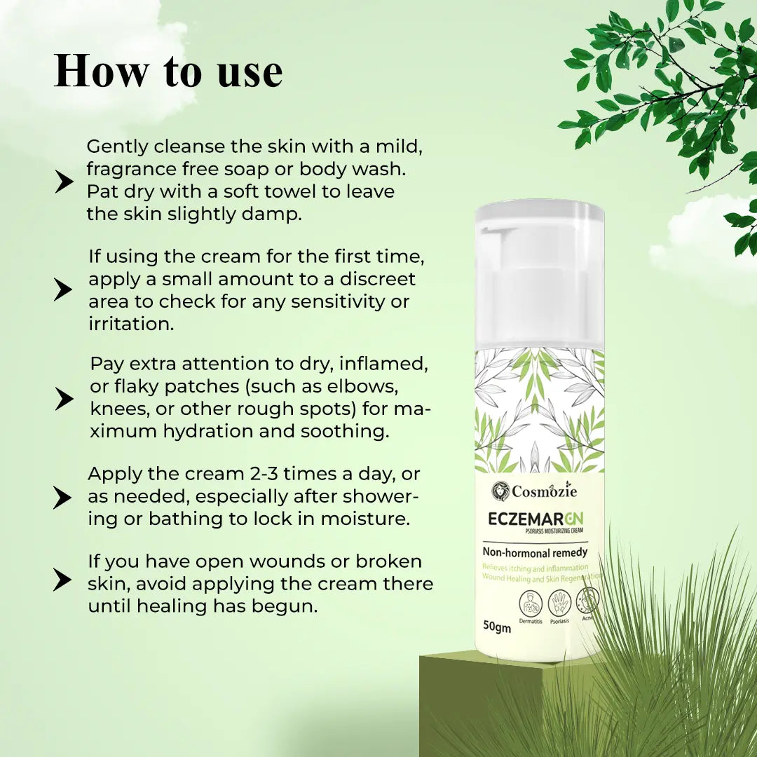 Cosnizze Eczema cream packaging with usage instructions on a green background