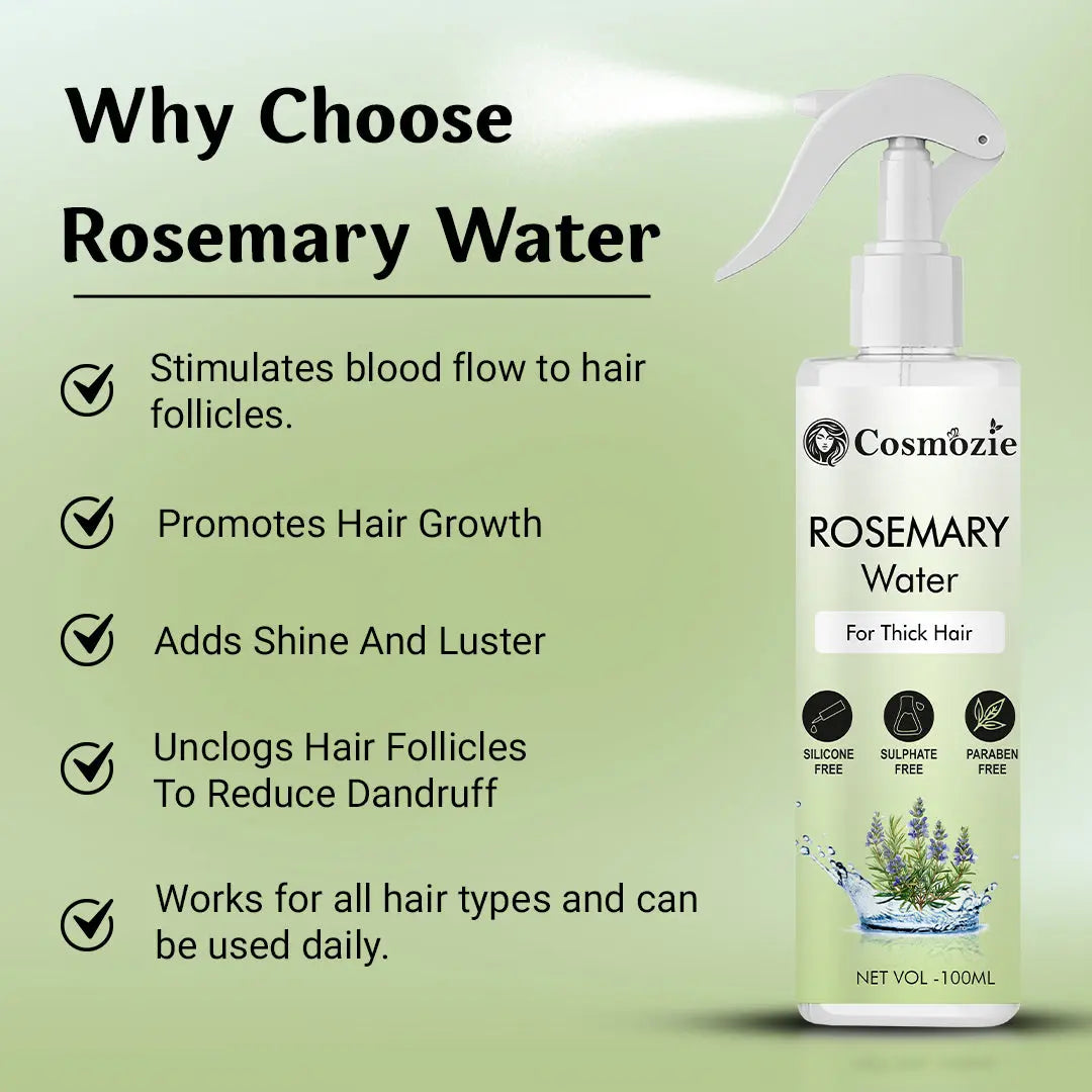 Cosmozie Rosemary Water bottle with benefits listed on a green background