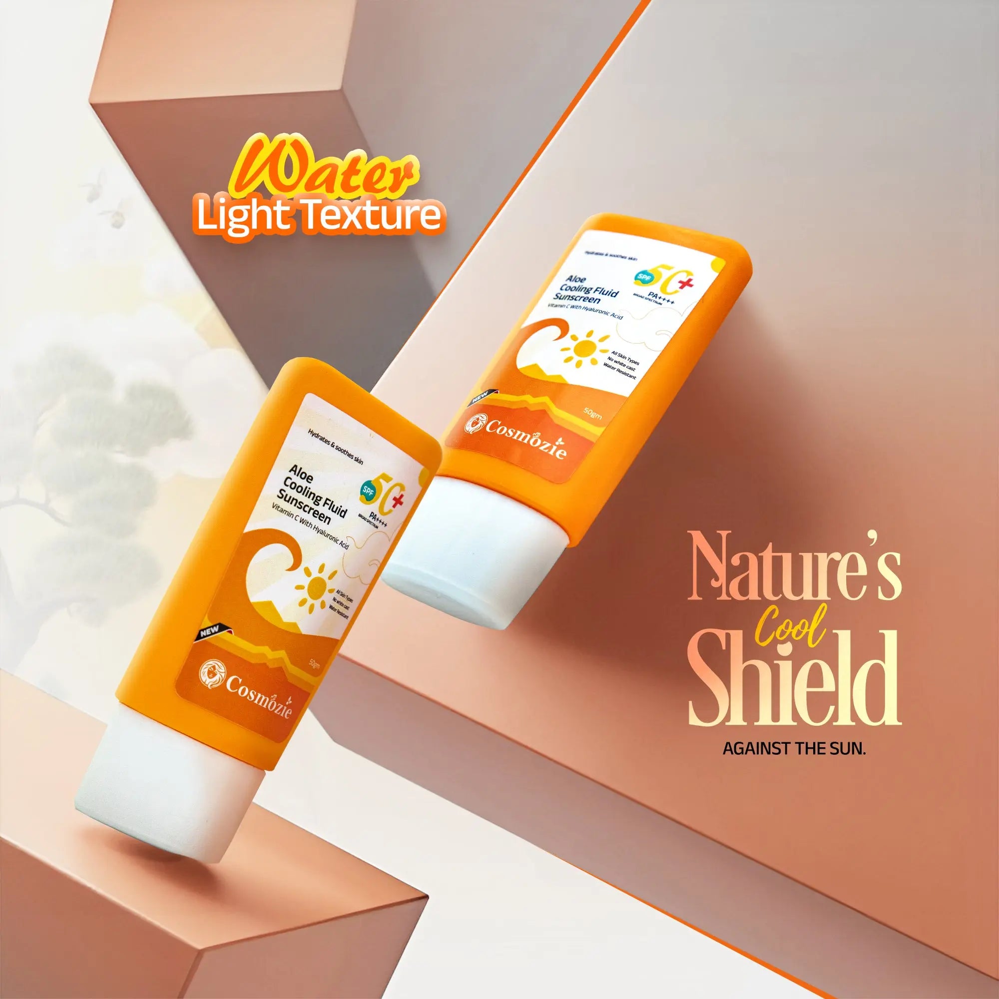 Two bottles of sunscreen with 'Cosmelle' branding on a gradient background.