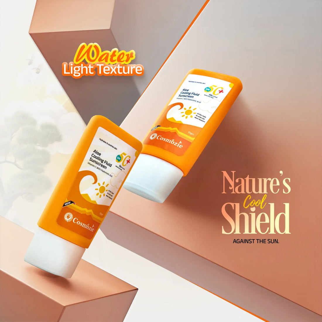Two bottles of sunscreen with 'Cosmelle' branding on a gradient background.