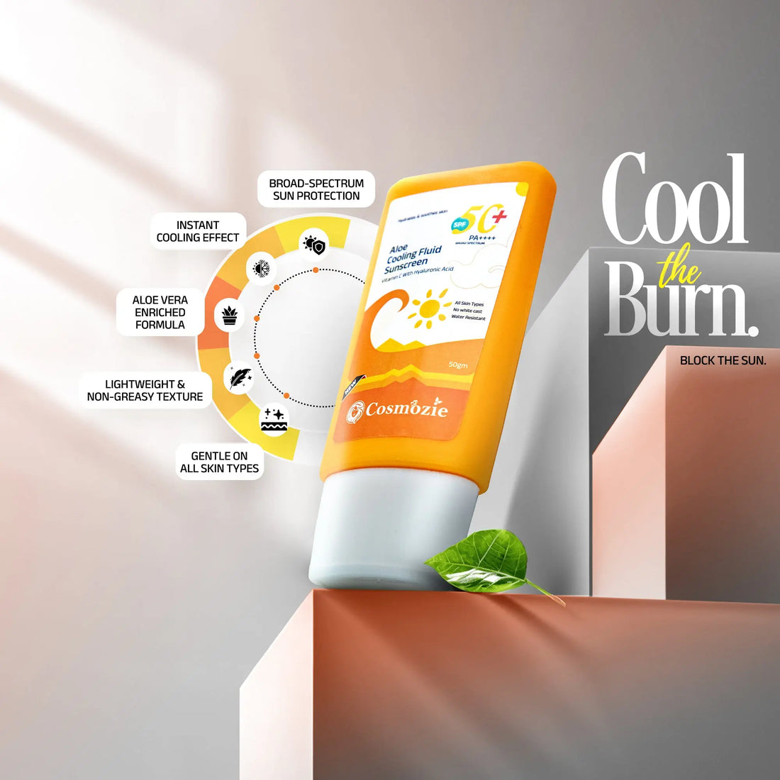 Cosmebie sunscreen bottle with features and 'Cool the Burn' text on a gradient background