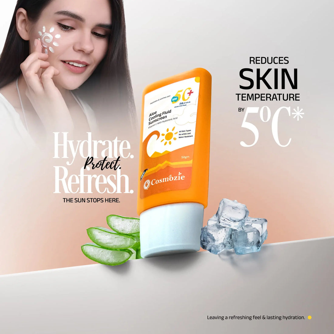 Cosmebio sunscreen bottle with a woman applying sunscreen, ice cubes, and aloe vera leaves on a light background.