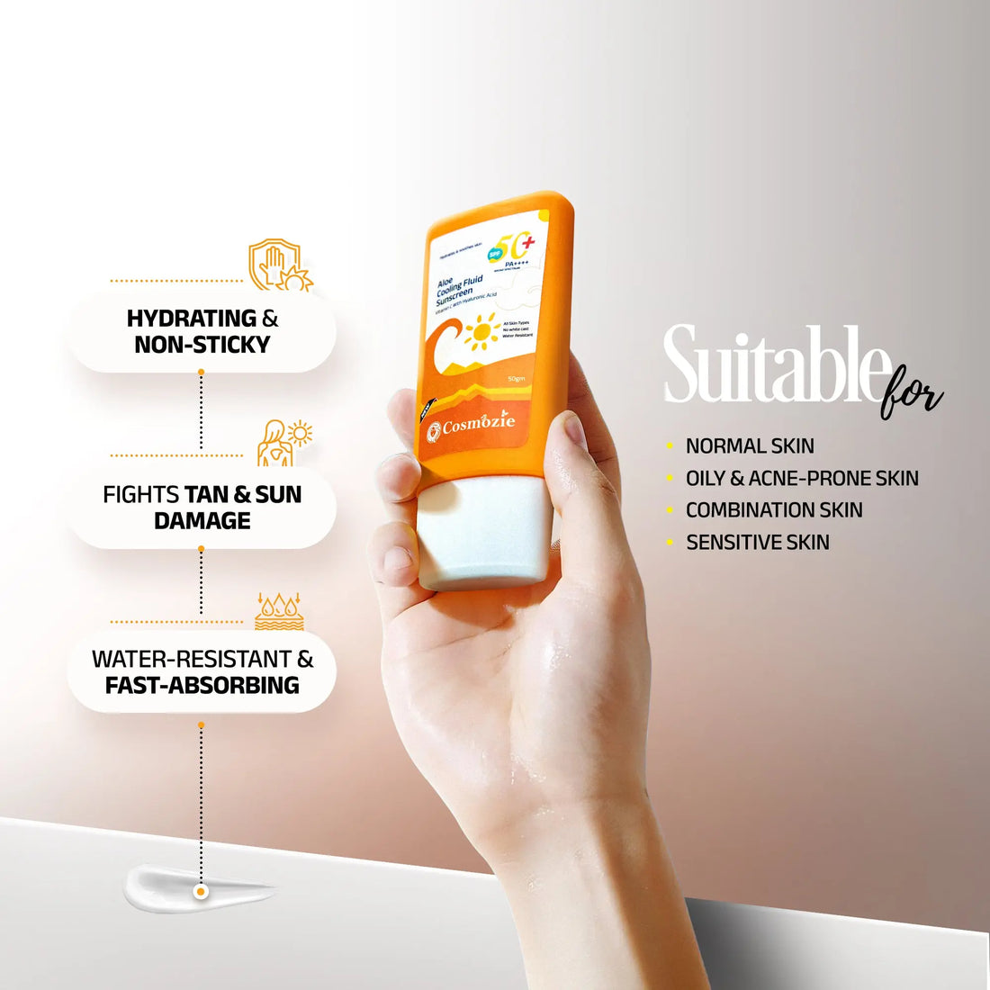 Hand holding a sunscreen bottle with product features and skin types suitability on a light background