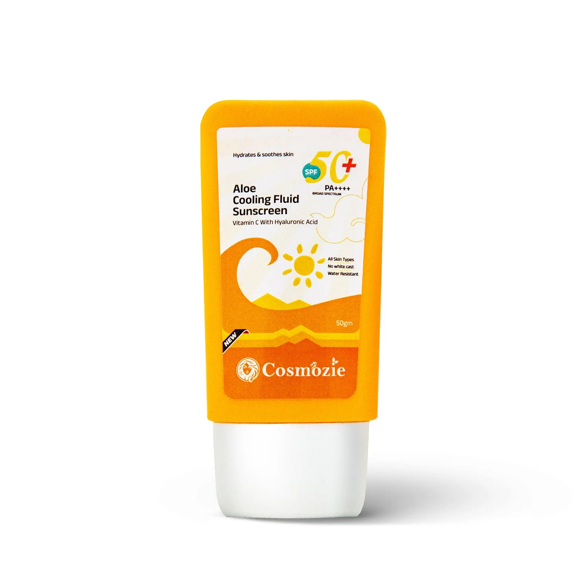 Cosmozie aloe cooling fluid sunscreen bottle on a white background