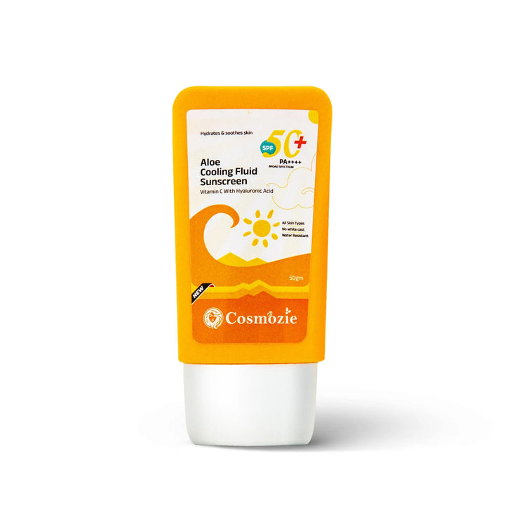 Cosmozie aloe cooling fluid sunscreen bottle on a white background