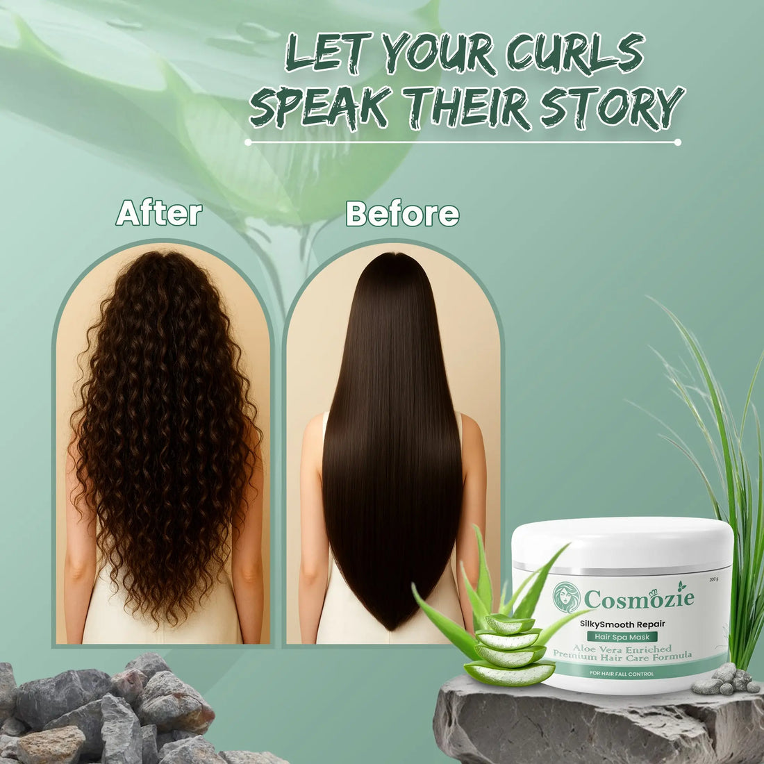 Cosmozie hair product comparison showing 'After' and 'Before' results with a green background.