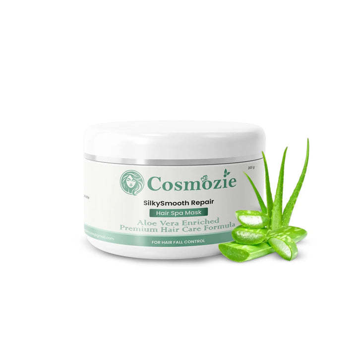 Cosmozie SilkySmooth Repair hair spa mask with aloe vera on a white background